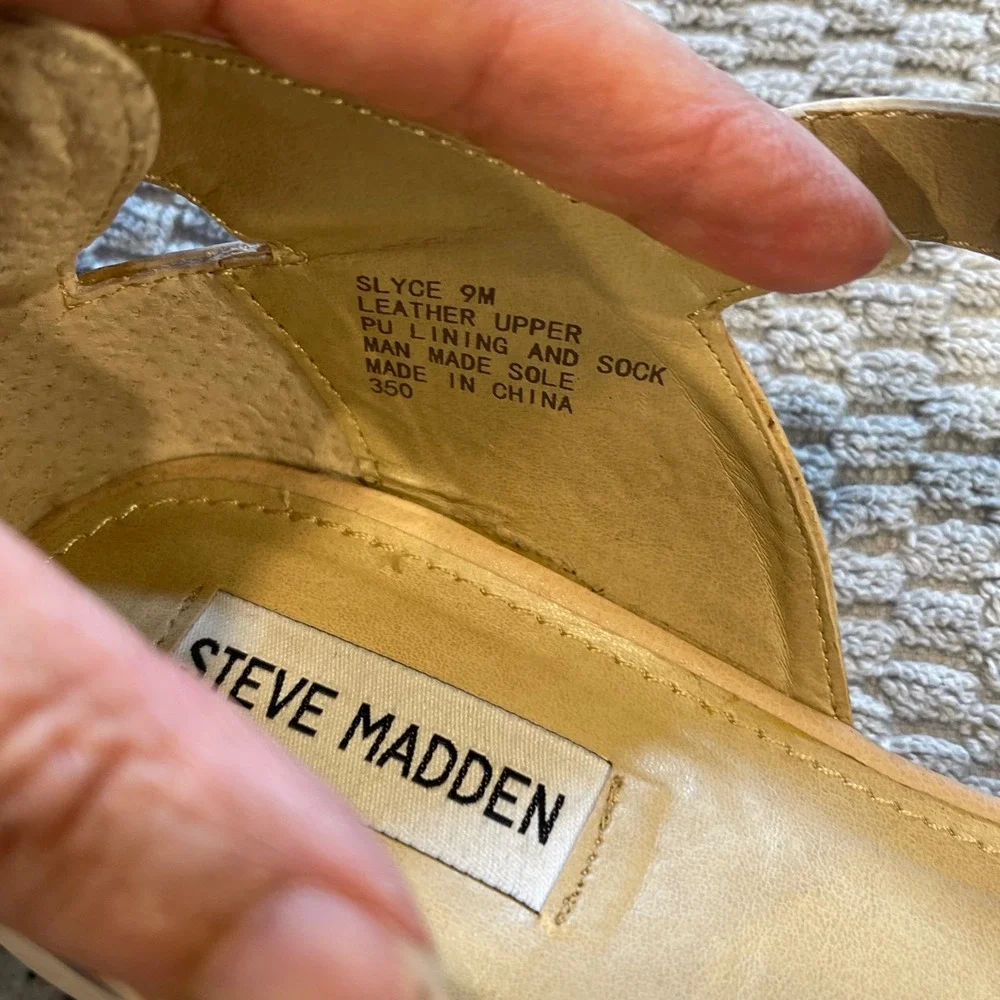 Steve Madden Slyce Wedge Sandals Womens 9M Tan Leather T-Strap Boho Minimalist